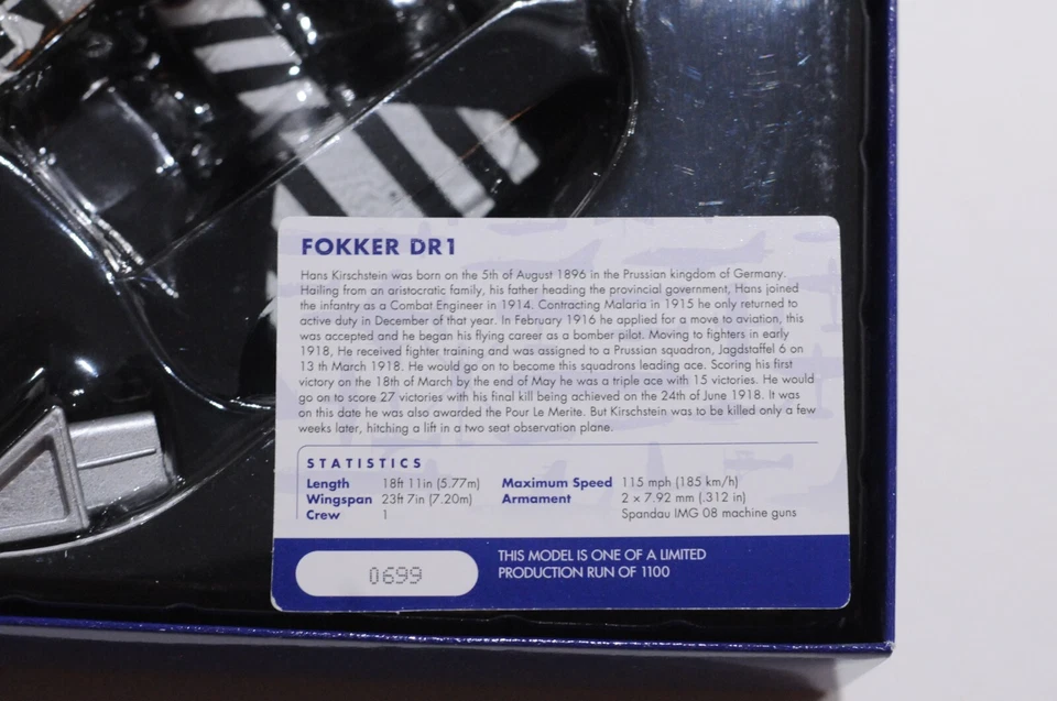 CORGI FOKKER DR1 LTN. HANS KIRSCHSTEIN JASTA 6 CAPPY 1918 SCALE 1:18 LIMITED EDI - Image 4 of 4