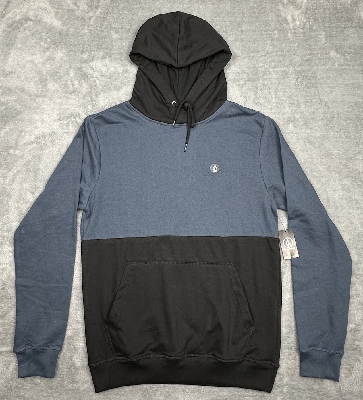 NEW Volcom Hoodie Mens Medium Blue Black  Sweatshirt Fleece Kangaroo Pockets