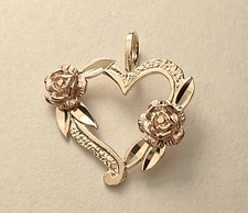 New 14k Yellow Gold 2 Tone Heart With Roses Love Charm Pendant