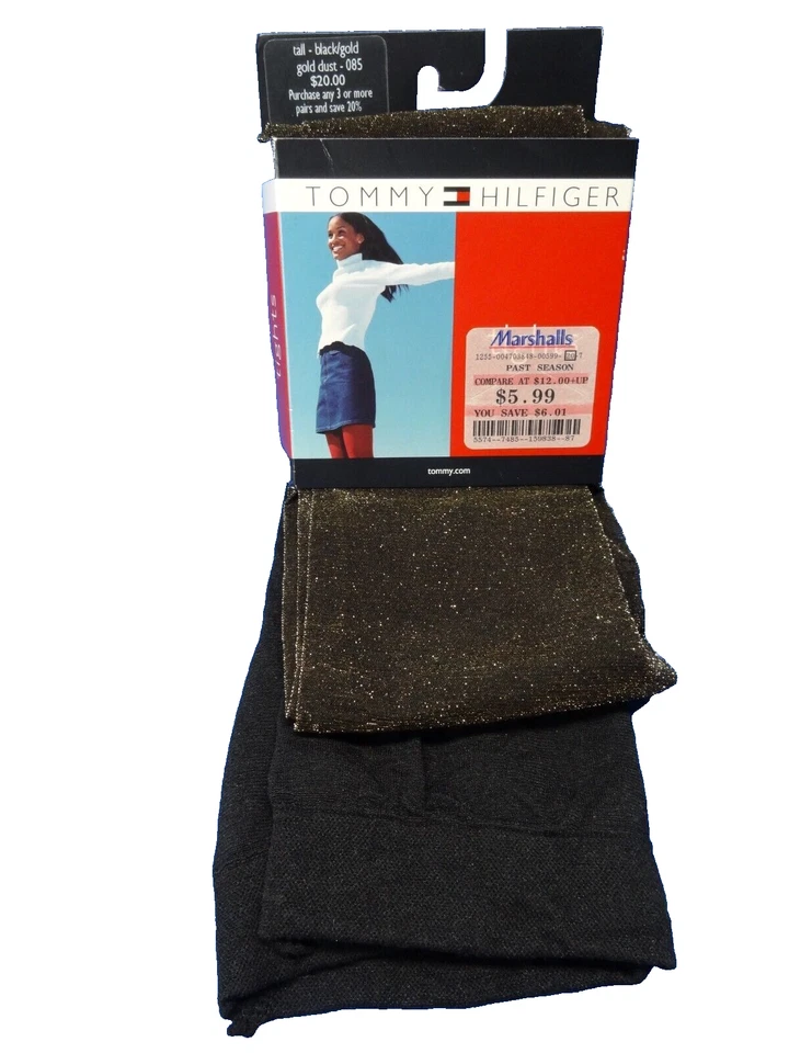 NOVA meia-calça alta Tommy Hilfiger Y2K 2000 ouro pó preto vintage feita nos EUA - Imagem 3 de 4