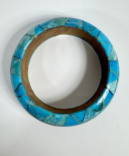 Mosaic Inlay Look Bangle Bracelet Wood Blue Vintage Chunky Statement 3.25” - Picture 5 of 12