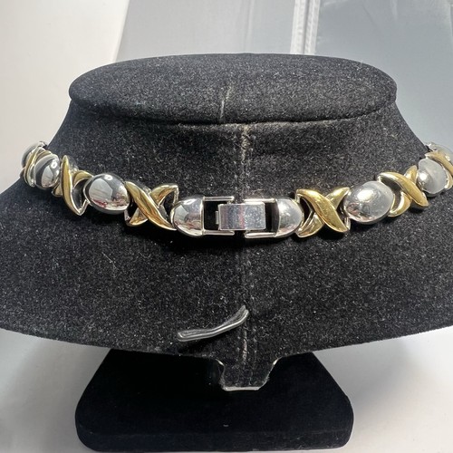Beau collier ras du cou deux tons argent et or haute brillance chaîne XO maillons - Photo 3/4