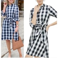 J. Crew Navy White Gingham Belted Button Down Shirtdress Sz 10 Preppy Coastal