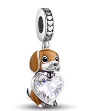 S925 Solid Sterling Cute Beagle Dog Puppy  Heart Charms Bracelet Women Valentine
