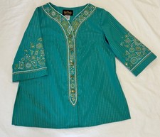 Vtg Bob Mackie Shirt Turquoise Gold Stripe Embroidered Button Up Top Size Medium