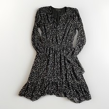 BANANA REPUBLIC Dress Womens 4 Black Mini Ruffle Long Sleeve Sheer Dot  Holiday