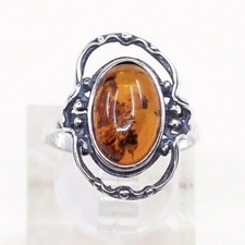 Sz 6.75, Orangle Amber Cabochon Sterling 925 Silver Handmade Ring