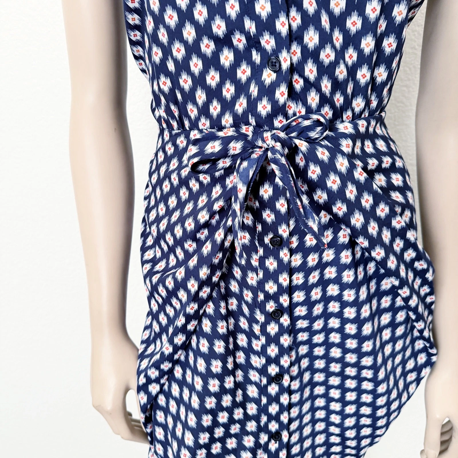 Abito mini camicia Michael Michael Kors taglia 0 blu stampa Ikat senza maniche nodo cravatta