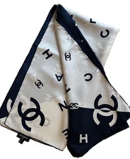 CHANEL Silk Scarf Muffler chanel Logo coco Mark Navy & White 90x90 Used