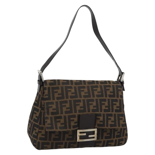FENDI Zucca Canvas Mamma Baguette Shoulder Bag Black Brown Auth BA14103V