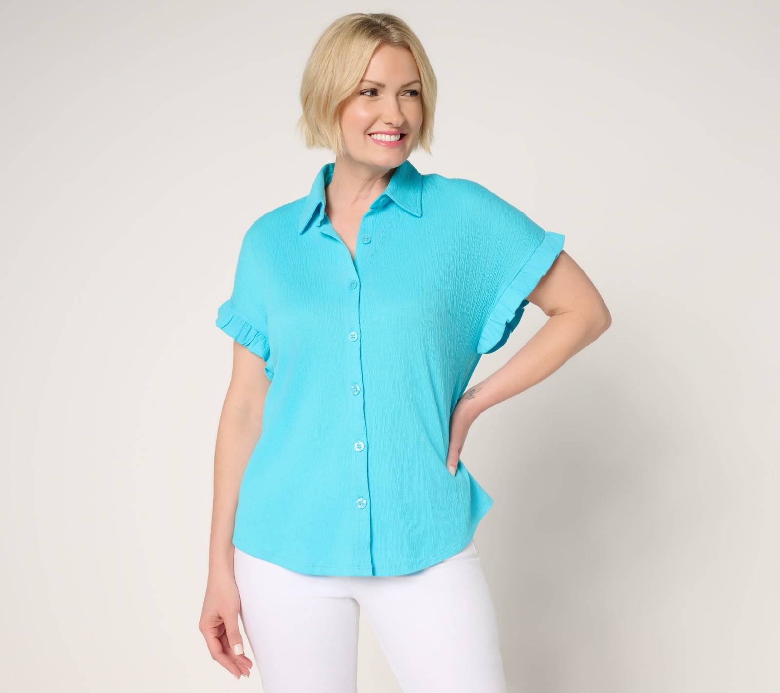 Belle by Kim Gravel Women's Top Sz M Packabelle Ruffle Sleeve Button Blue