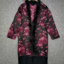 Frederick's of Hollywood Robe Womens L XL Black Pink Floral Feather Fringe Glam
