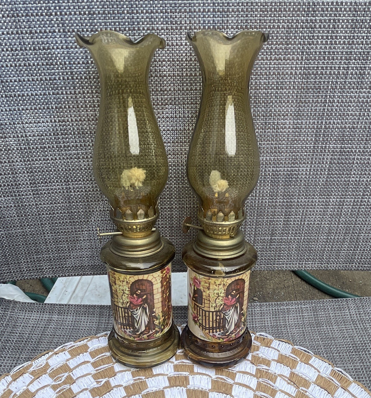 Pair Oil Lamps Brown/Gold Glass & Metal Lantern Shade Pictorial People, Knob