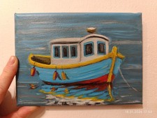 Quadro dipinto a mano su tela originale Pittura acrilica 13x18 cm Barca luminosa