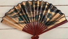 Vintage Asian Hand Painted Folding Wall Fan Gold Landscape Scene 24