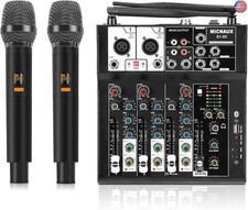 4 Channel Audio Mixer, Karaoke Mixer with Dual Wireless Microphones,