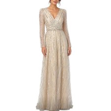 Mac Duggal 67859 Gold Evening Gown Sequined Long Sleeve A-Line Dress Size 10