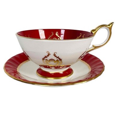 Aynsley Burgundy Cabbage Rose Gilt Floral Tea Cup Saucer Set Signed J A Bailey