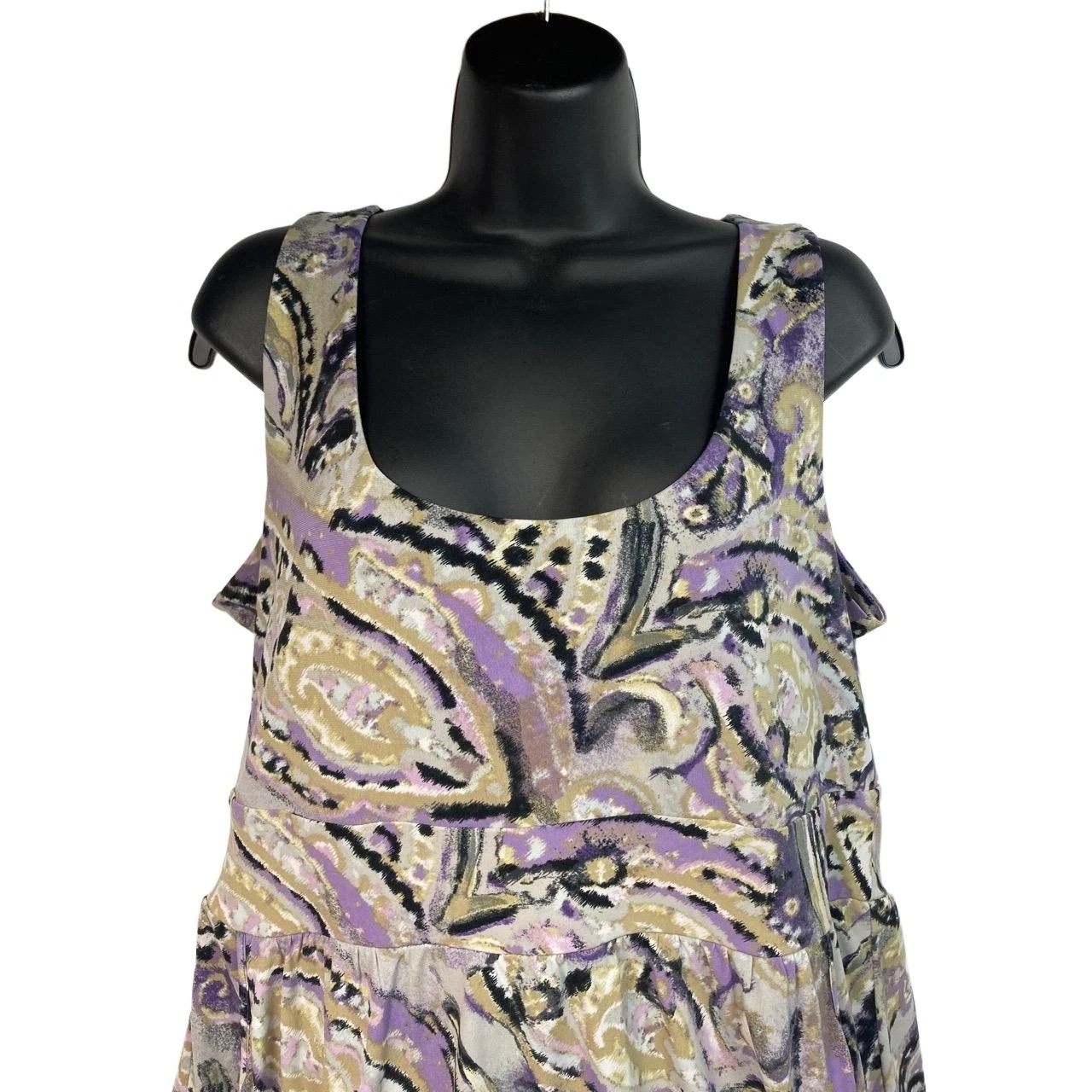 Abito smanicato grande Michael Kors stampa paisley viola grigio cuciture in vita