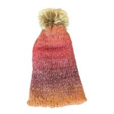 Hand Knit Beanie Hat with Faux Fur Pom Pom Colorful Winter Knit Cap Gift