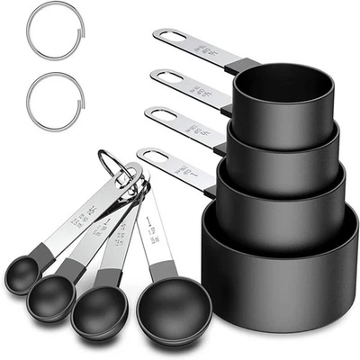 RIGHTOX 8-Piece Black Measuring Cups & Spoons Set stainless Steel Handle BAKING COOKING