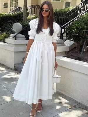 Doen Women's Ischia in white Ruffle Smocked Cotton & Viscose Long Maxi Dress  | eBay