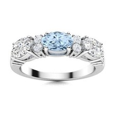 Horizontal Oval 5x4 MM Aquamarine 925 Sterling Silver Dainty Three Stone Ring