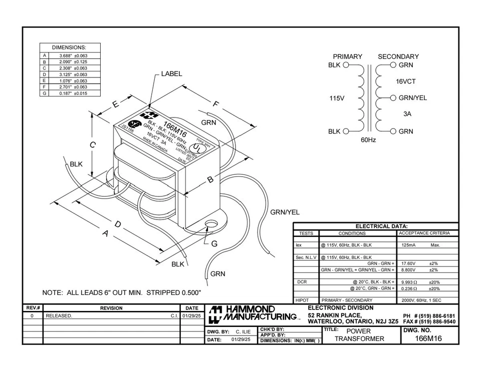 TRANSFORMER 115V PRIMARY 16V C.T. 3.0 AMP - HAMMOND 166M16 - NEW IN BOX - Image 3 of 4