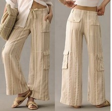 Pilcro Wide Leg Cargo Pants Striped Neutral Cream Gold Drawstring Beach 31