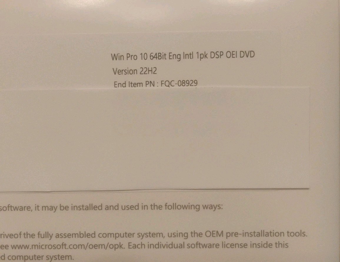 Win Pro10 64Bit Version 22H2 for Windows (FQC-08929)Sealed