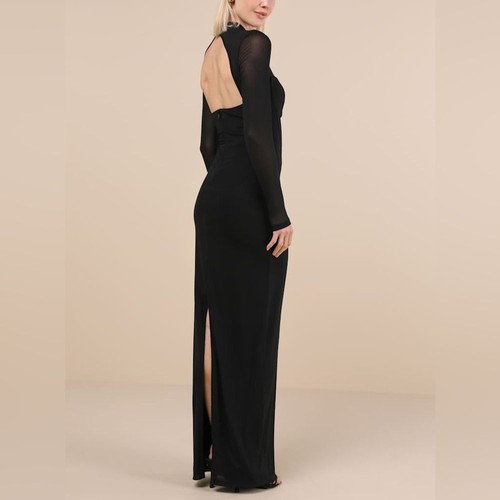 Maxi Vestido Lulus Sensational Appeal Malla XL Negro Bustier Recorte Abertura Formal Nuevo con Etiquetas - Imagen 4 de 12
