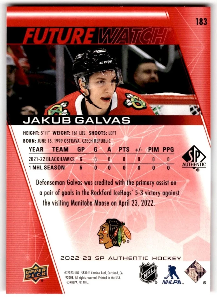 Jakub Galvas 2022-23 SP Authentic Limited Red Future Watch Rookie #183 Chicago - Image 2 of 2