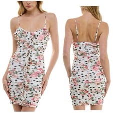 BCX Juniors' Small Multicolor Floral Polka Dot Ruched Ruffled Bodycon Dress