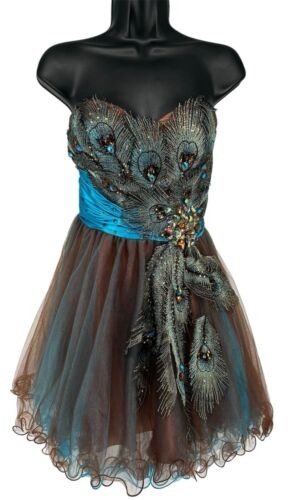 Let’s Fashion Women’s Rhinestone Peacock Party Dress Sz M (US 8) Embroidered