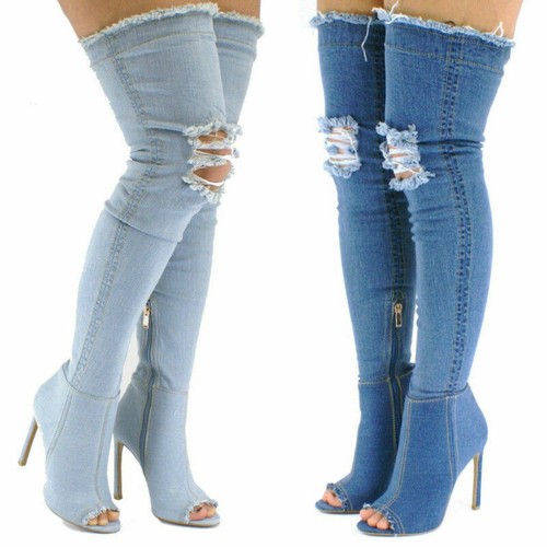 Women Ladies Denim Jean Boots Peep-toe Stiletto Heel Over The Knee Heels Boots - Picture 1 of 15