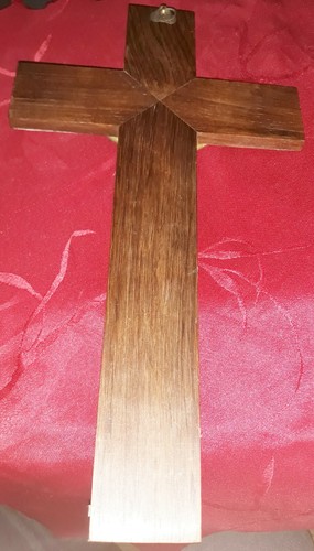 Joli Crucifix mural en bronze et noyer incrusté de laiton -Début xx- 35x19 cm - Foto 7 di 9