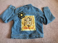 Repurposed Upcycled Kids Denim Jacket Scarecrow Applique Handmade Flower Rhinest