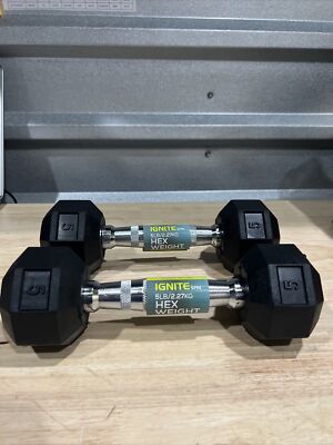 NEW!!! 2pc Ignite SPRI 5 LB Dumbbell Rubber Coated Hex Dumbbells Weights Pair