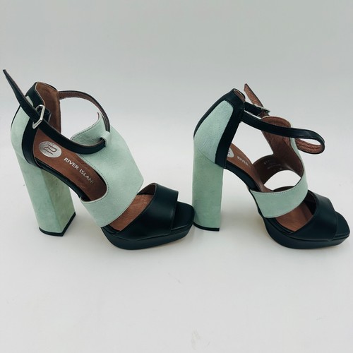 River Island Women's Shoes Platform Heel Teal Black Open Toe Strap Size 37 Eu - Picture 3 of 11