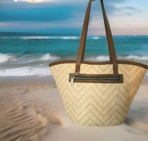 PATRICIA NASH PURSE HANDBAG NATURAL CHEVRON ZIGZAG WOVEN TOTE LEATHER HANDLES