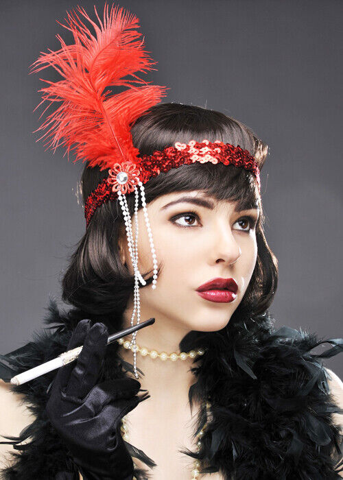 Red Sequin Hat with Feather Gangster Moll Costume Accessory Red Sequin Hat with Feather Gangster Moll Costume Accessory