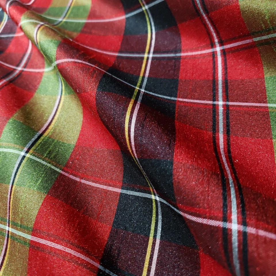 Classic Holiday Plaid Dupioni Fabric Red Green Black - Christmas Metallic Tartan - Image 2 of 4