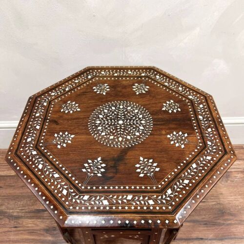 Wooden Coffee Table, Side Table, Bone Inlaid Round Folding 1950s Anglo-Indian - Picture 13 of 18