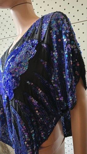 Vintage SUDI Crop Blue Pure Silk Embroidered BUTTERFLY Sequin Top Disco Diva -M - Picture 9 of 19