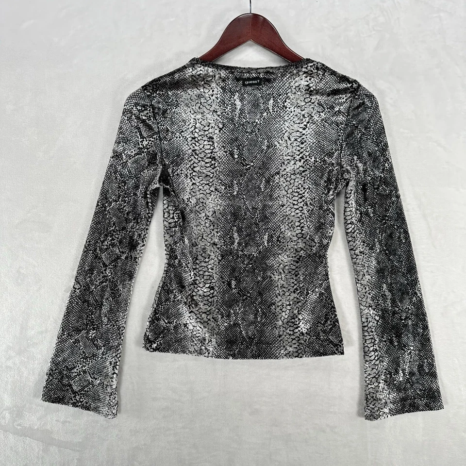 Camisa de Colección Guess Top Para Mujer S Gris Piel de Serpiente Terciopelo Mangas Campana Y2K Años 90 Foto 3 de 4