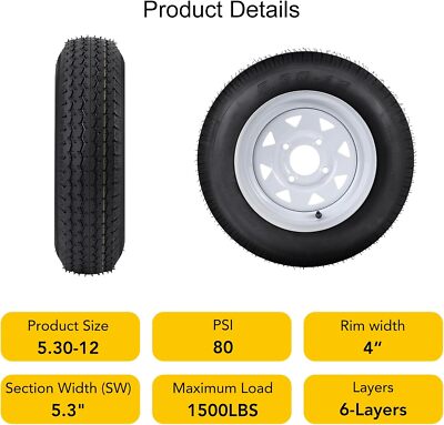 2pack Trailer Tires & Wheels 5.30-12 5.30x12 530-12 Trailer Tires 4 Lug on 4