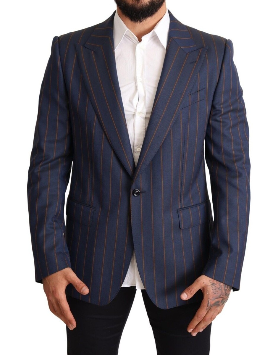 DOLCE & GABBANA Blazer Jacket Blue Striped Wool Slim Fit