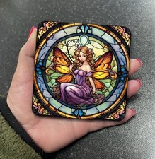 Mythical Fairy Art Nouveau Stained Glass Effect Square Coaster Coffee Gift D2