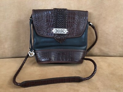 Brighton Cross body purse black woven leather crocodile Vintage bag tote 