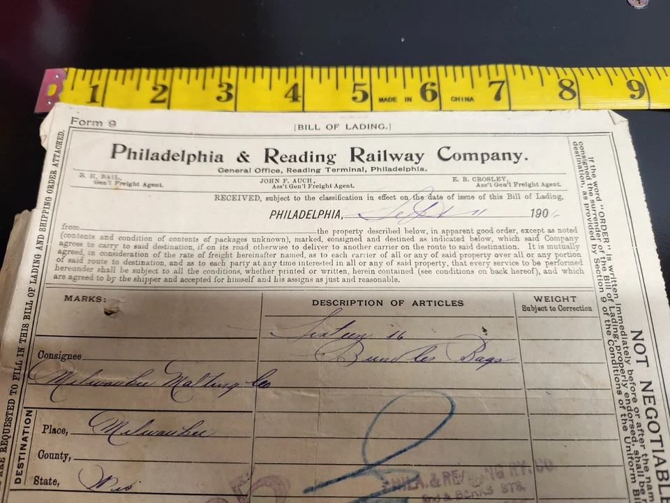 Philadelphia & Reading Railway Company Bill of Lading - Sept 1906 - Milwaukee WI - Image 3 of 4